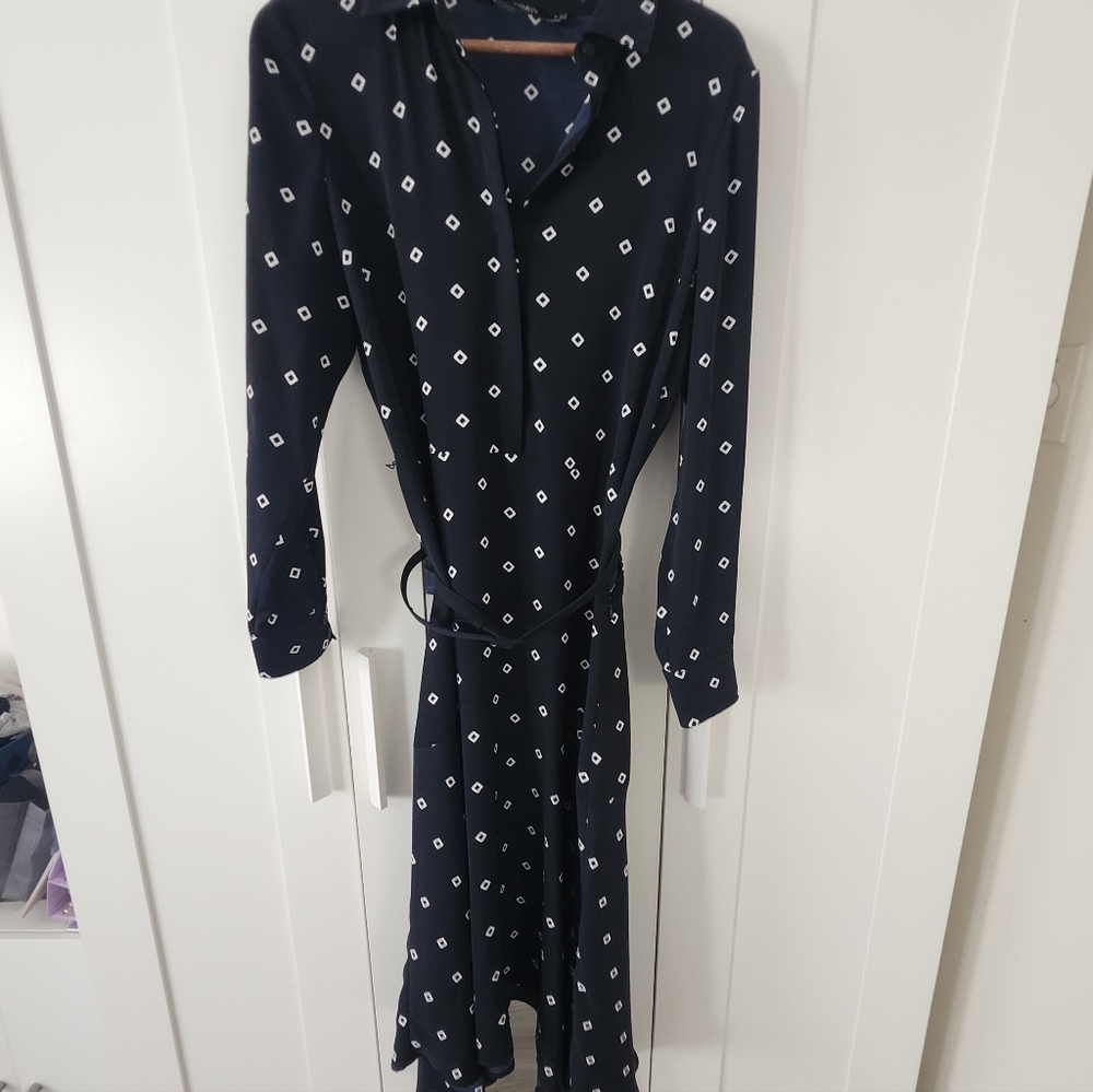 Lauren, Ralph Lauren Dark Blue Geometric Pattern Long Sleeve Dress